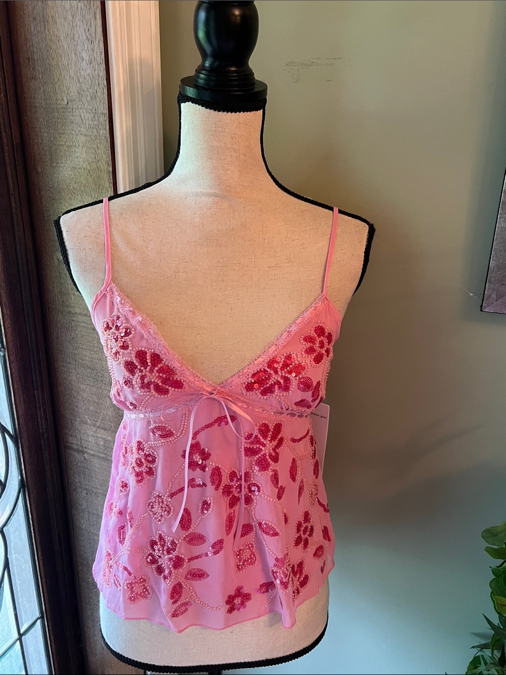 Madden Girl Pink Beaded Floral Sheer Camisole